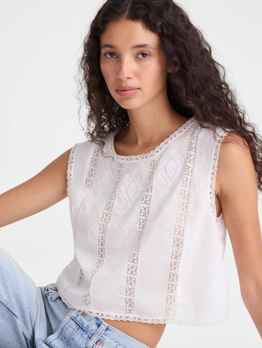 Madewell Embroidered Lace-Insert Top OA319 Size M  White